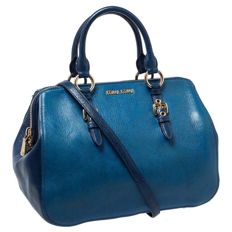 Miu Miu Blue Leather Madras Bowler Bag In Good Condition In Dubai, Al Qouz 2