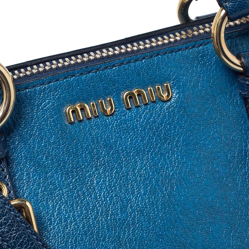 Women's Miu Miu Blue Leather Madras Bowler Bag