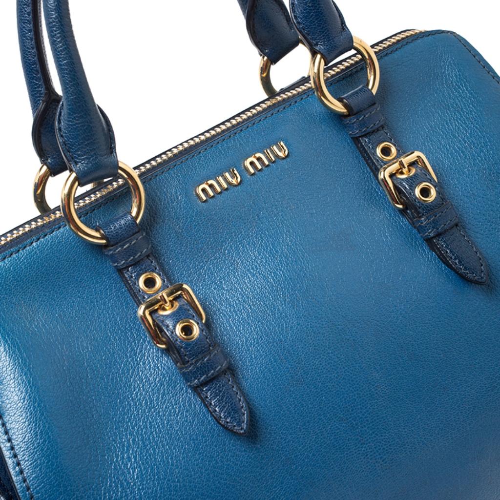 Miu Miu Blue Leather Madras Bowler Bag 4