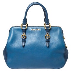 Miu Miu Blue Leather Madras Bowler Bag