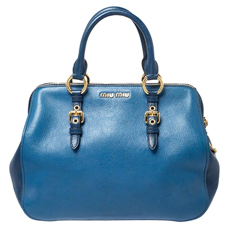 Miu Miu Blue Leather Madras Bowler Bag For Sale at 1stdibs