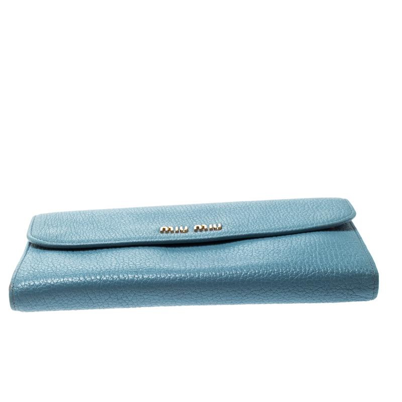 Miu Miu Blue Leather Madras Flap Wallet In Good Condition In Dubai, Al Qouz 2