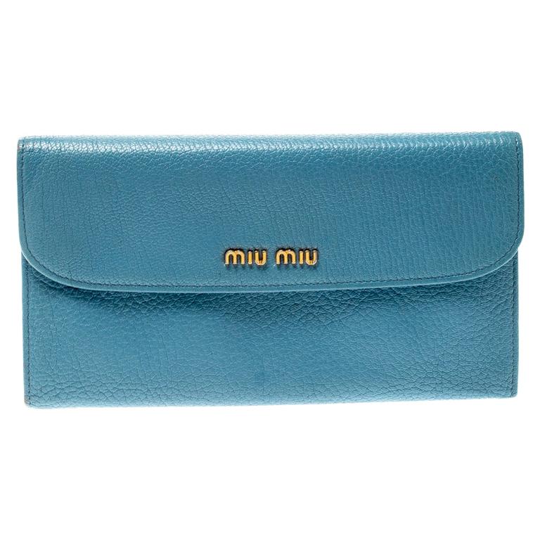 Miu Miu Blue Leather Madras Flap Wallet