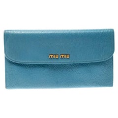 Miu Miu Blue Leather Madras Flap Wallet