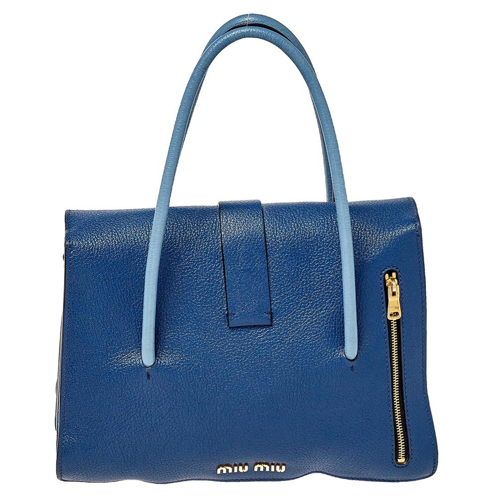Miu Miu Blue Leather Madras Top Handle Bag In Good Condition In Dubai, Al Qouz 2