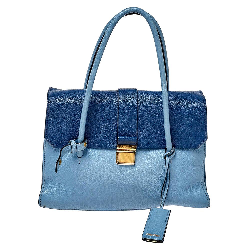 Miu Miu Blue Leather Madras Top Handle Bag