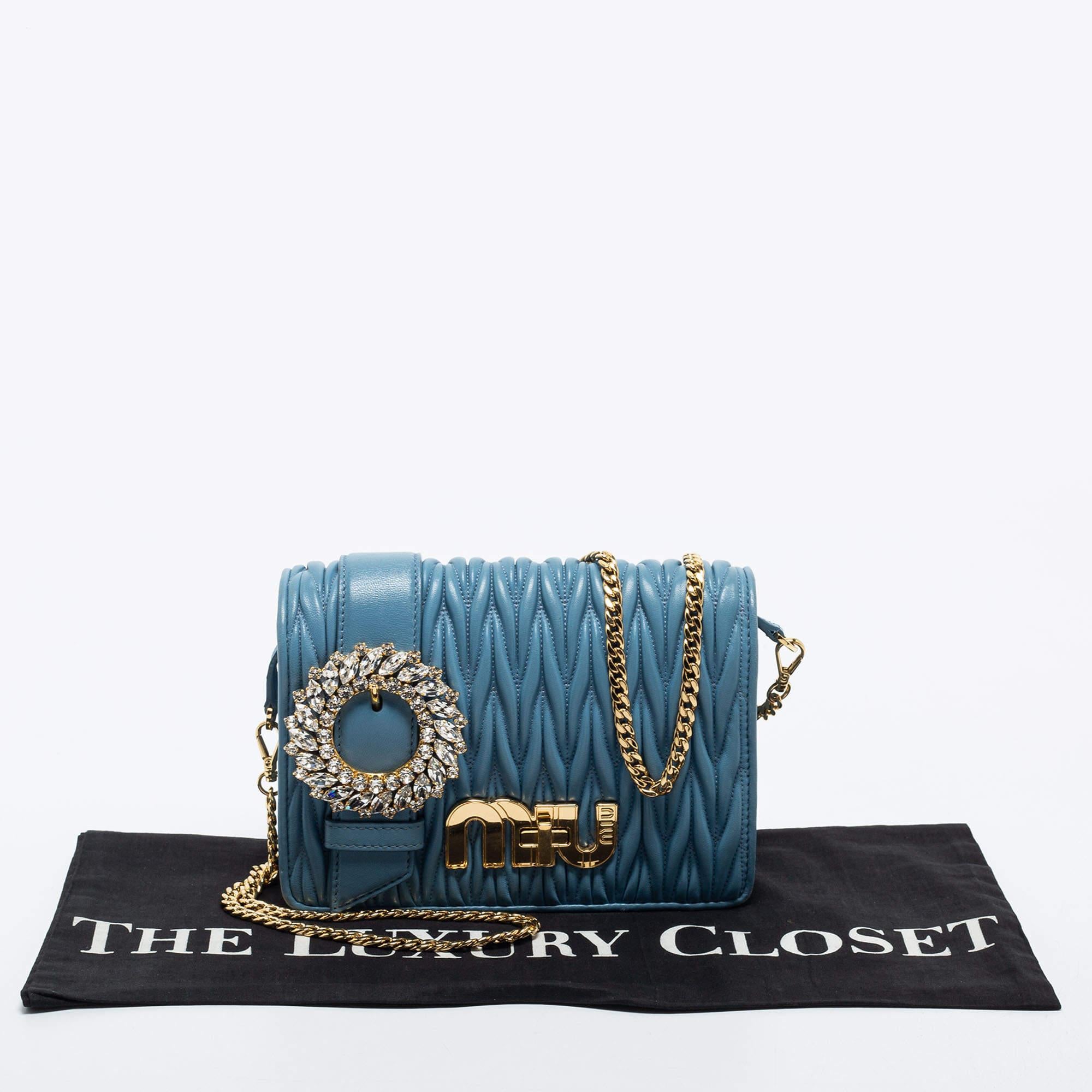 Miu Miu Blue Leather Matelasse Crystal Shoulder Bag 7