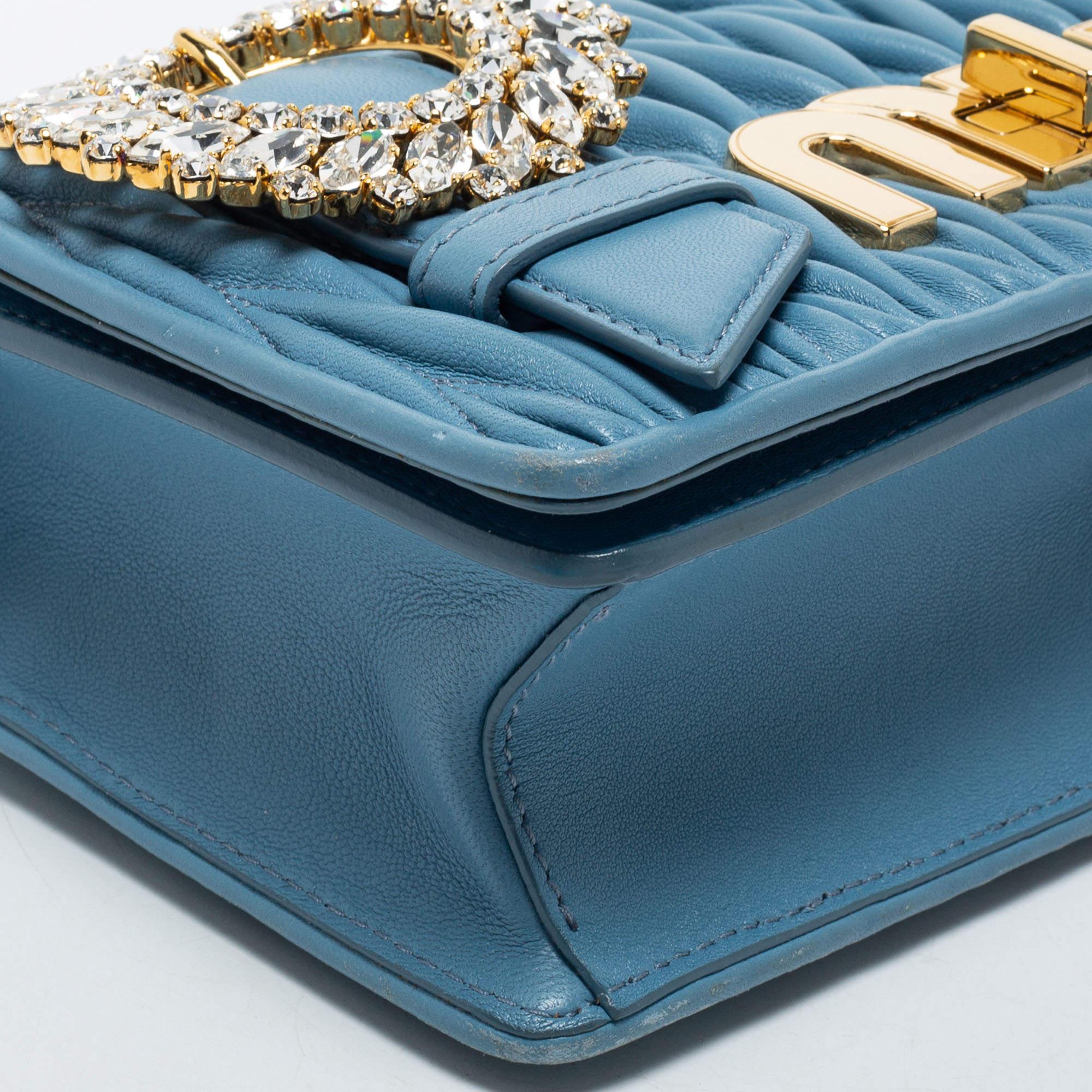 Women's Miu Miu Blue Leather Matelasse Crystal Shoulder Bag