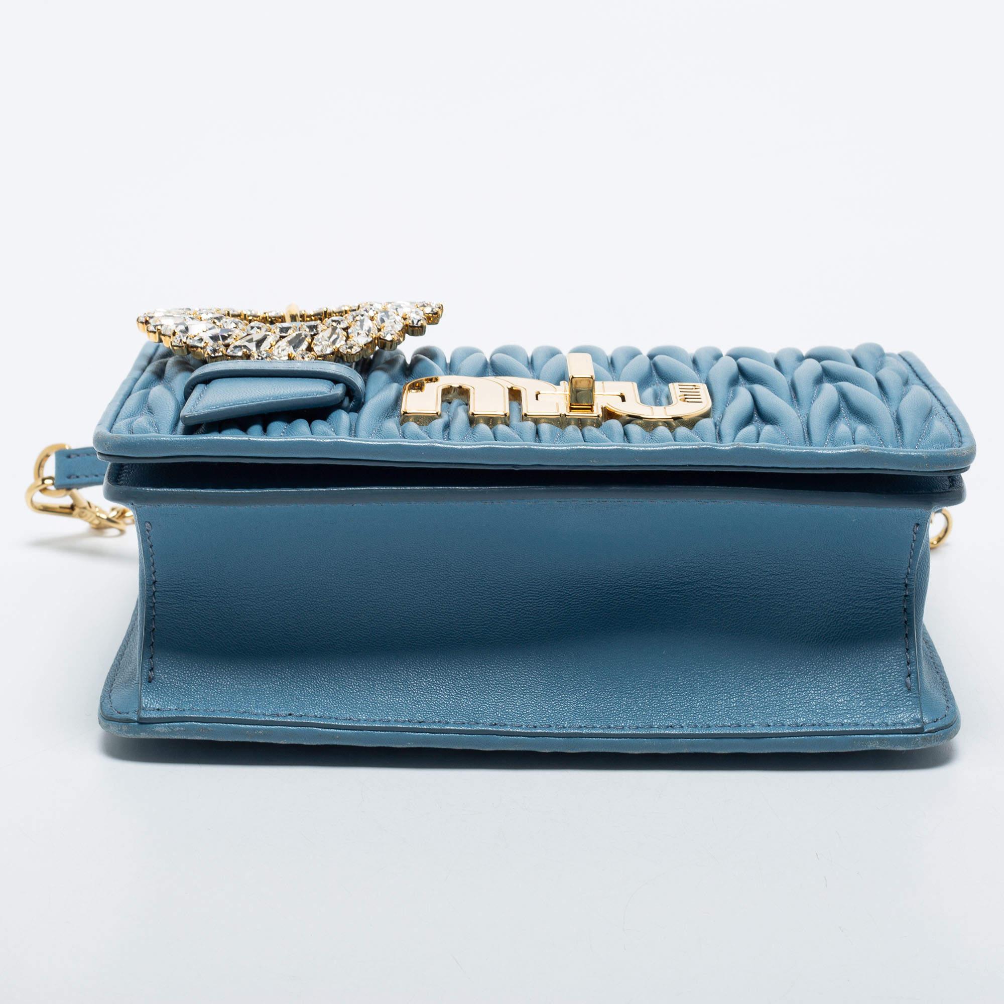 Miu Miu Blue Leather Matelasse Crystal Shoulder Bag 2