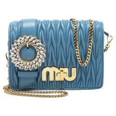 Miu Miu Blue Leather Matelasse Crystal Shoulder Bag