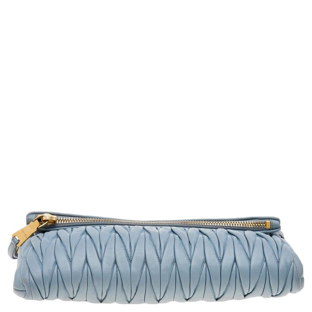 Gray Miu Miu Blue Leather Matelassé Leather Flap Shoulder Bag