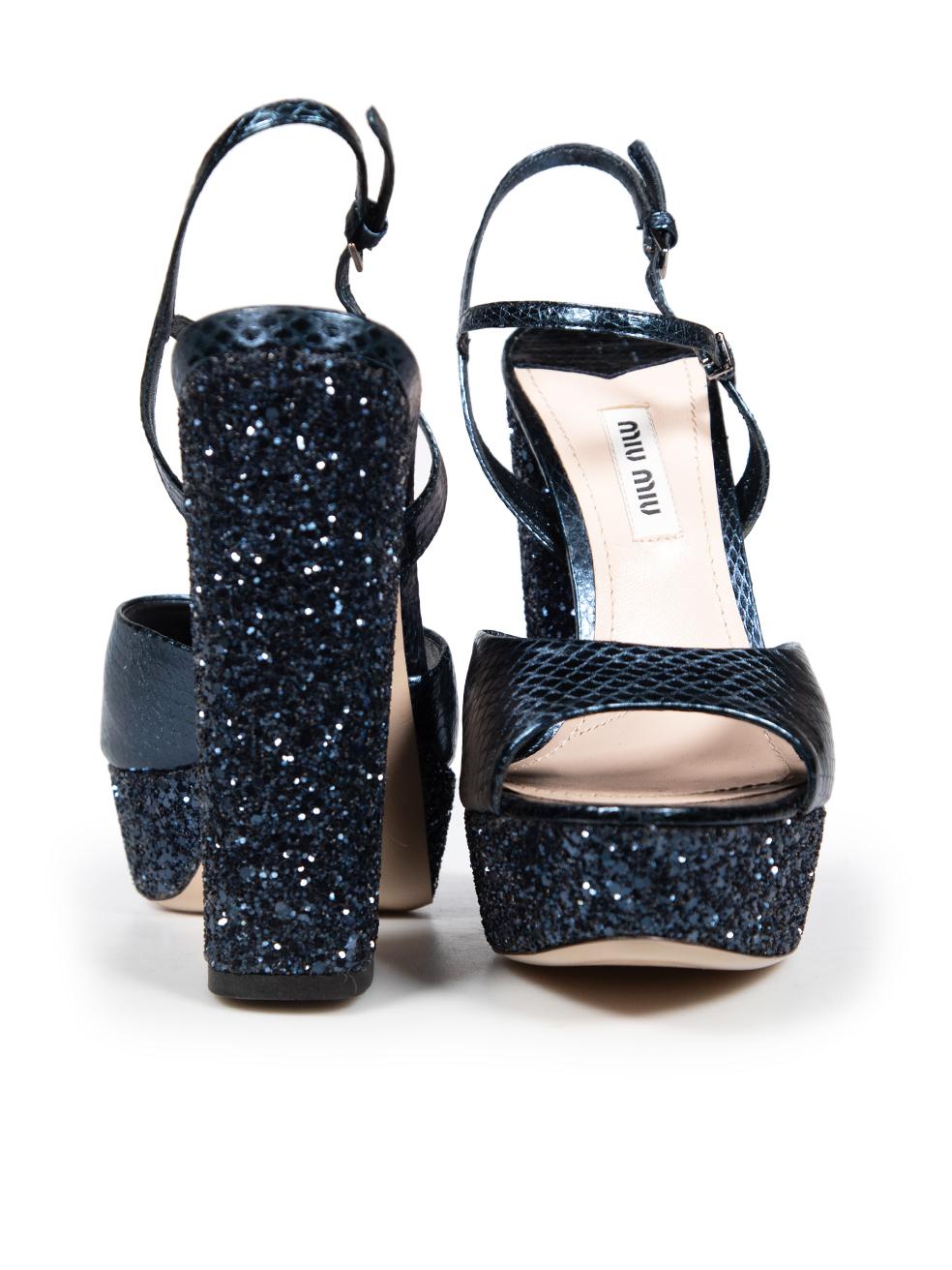 Black Miu Miu Blue Leather Snakeskin Pattern Sequin Platform Sandals Size IT 37