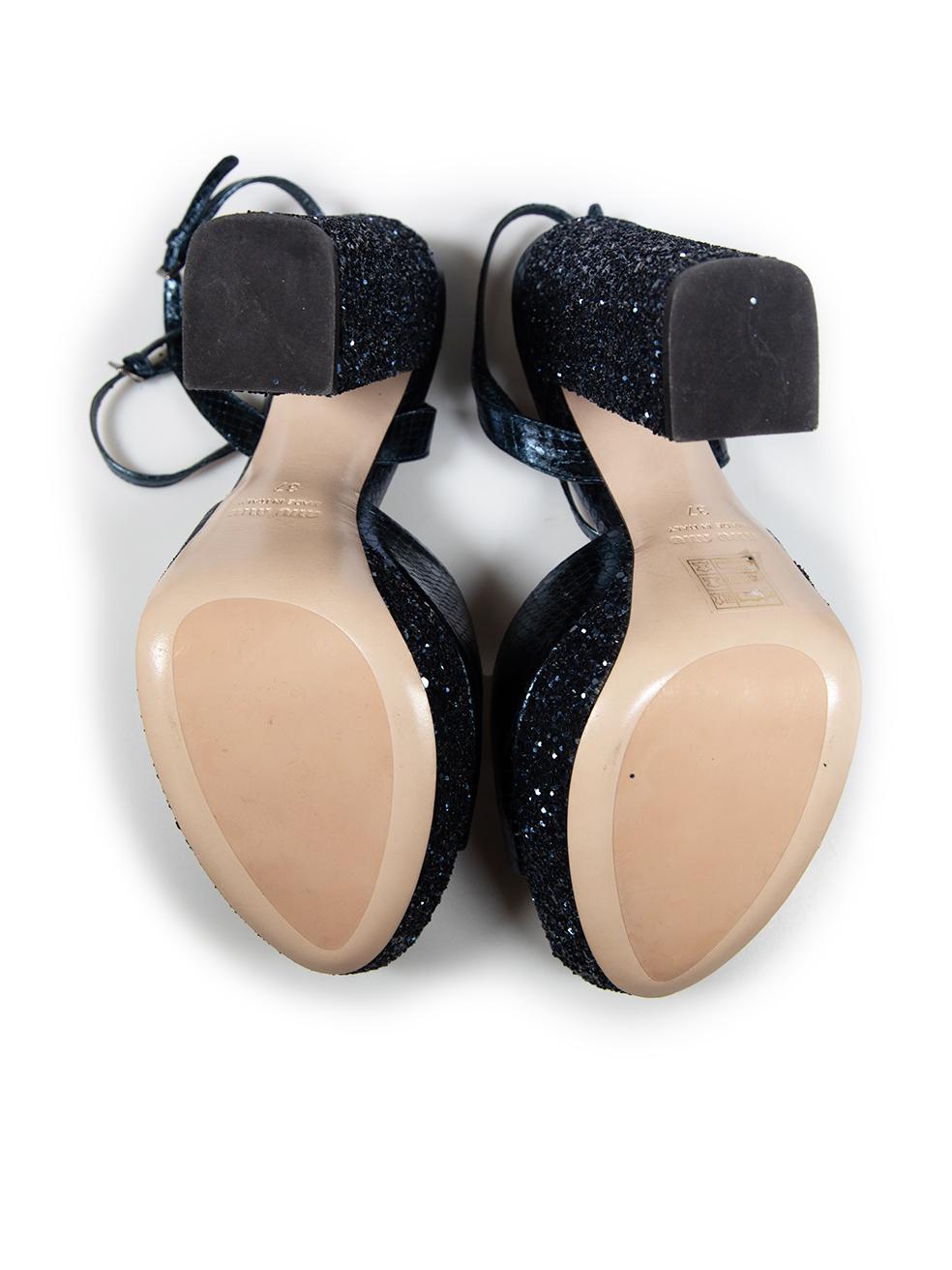 Miu Miu Blue Leather Snakeskin Pattern Sequin Platform Sandals Size IT 37 In Good Condition In London, GB