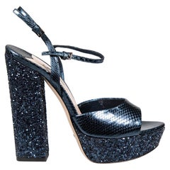 Miu Miu Blue Leather Snakeskin Pattern Sequin Platform Sandals Size IT 37
