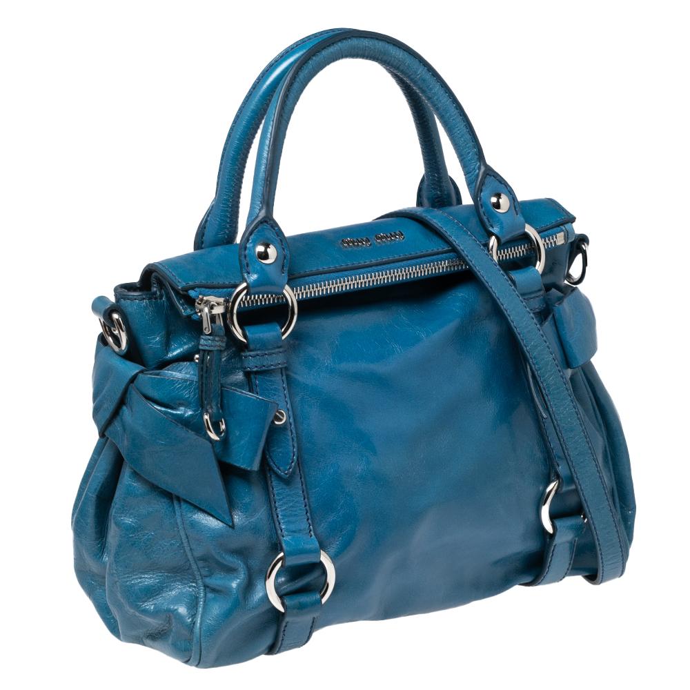 Miu Miu Blue Leather Vitello Lux Leather Bow Top Handle Bag 4
