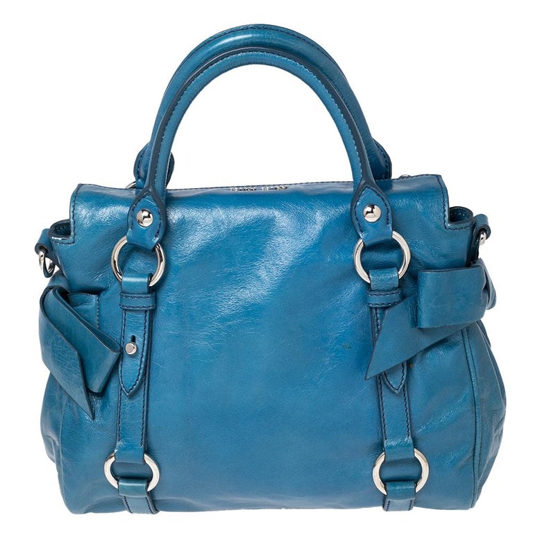 Miu Miu Blue Leather Vitello Lux Leather Bow Top Handle Bag For Sale at