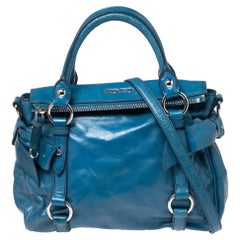 Miu Miu Blue Leather Vitello Lux Leather Bow Top Handle Bag