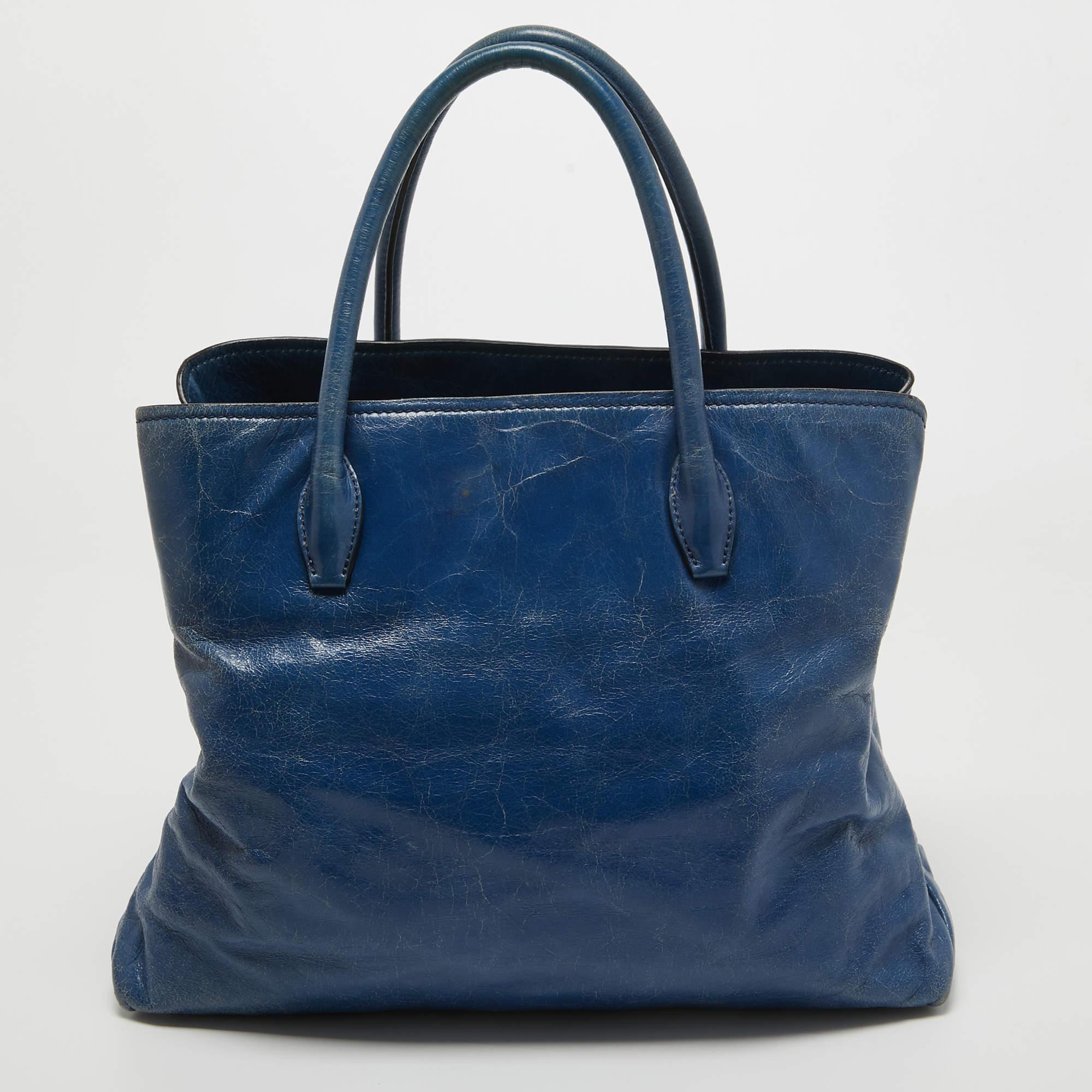 Miu Miu Blue Leather Vitello Tote For Sale 8