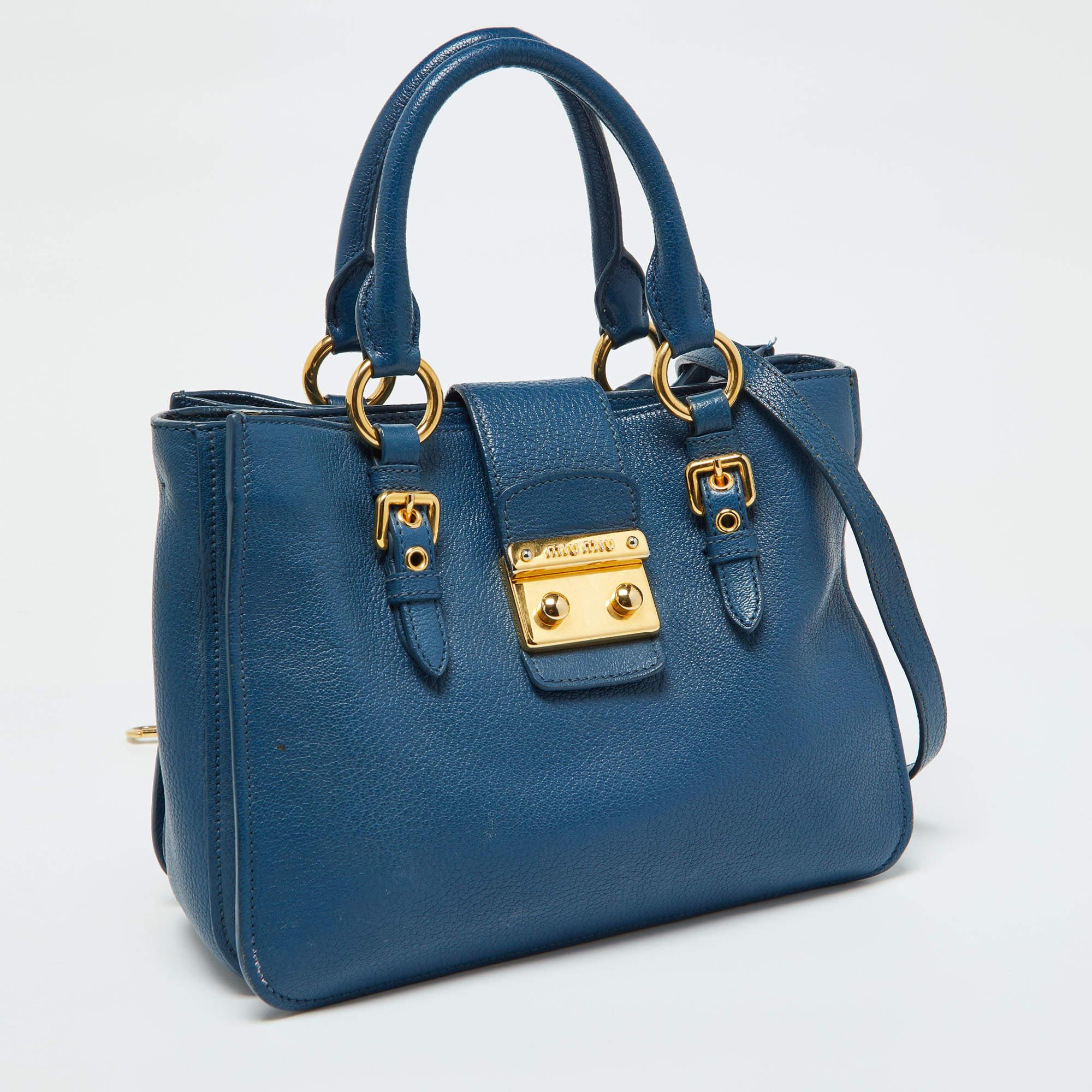 Miu Miu Blue Madras Leather Pushlock Tote In Good Condition In Dubai, Al Qouz 2