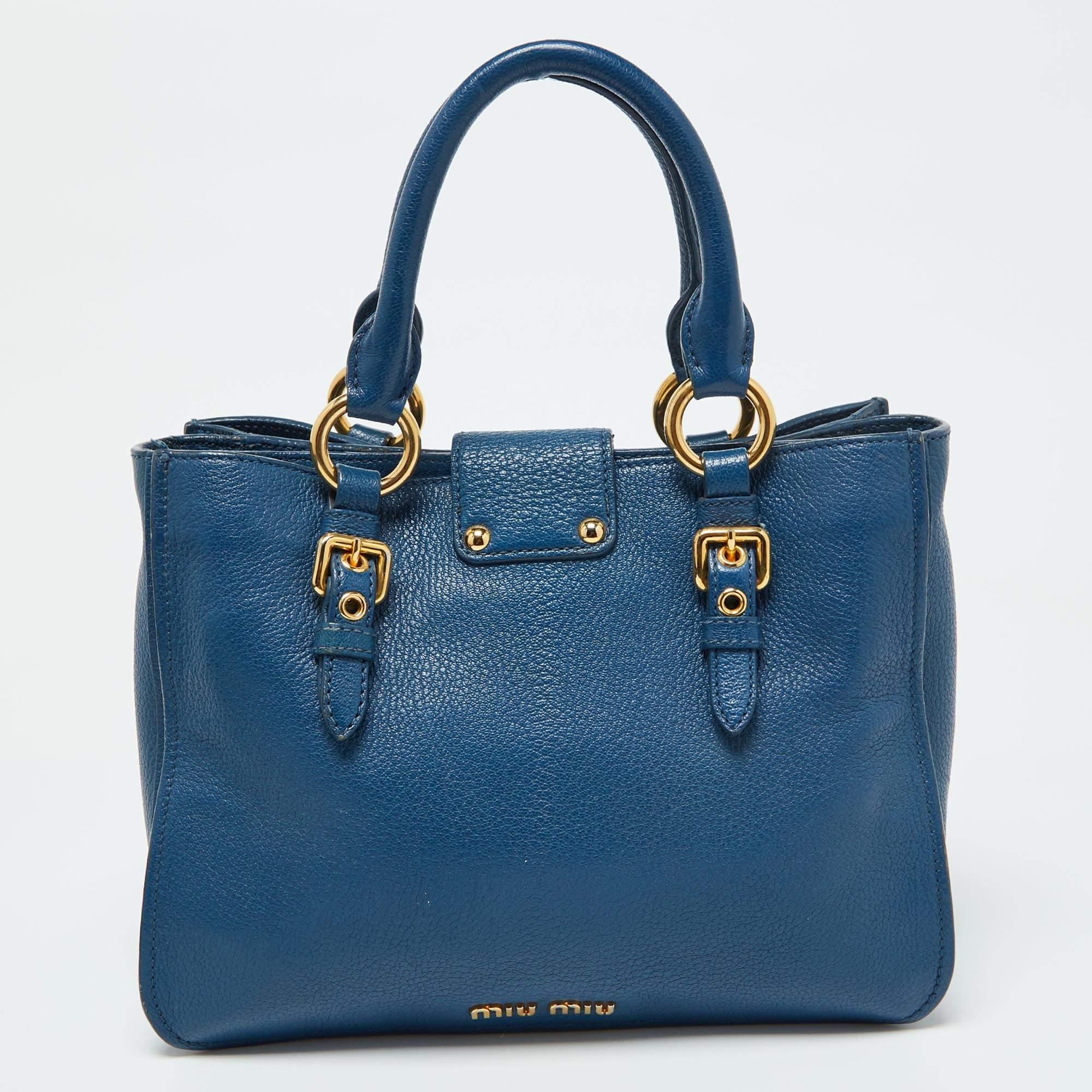 Women's Miu Miu Blue Madras Leather Pushlock Tote