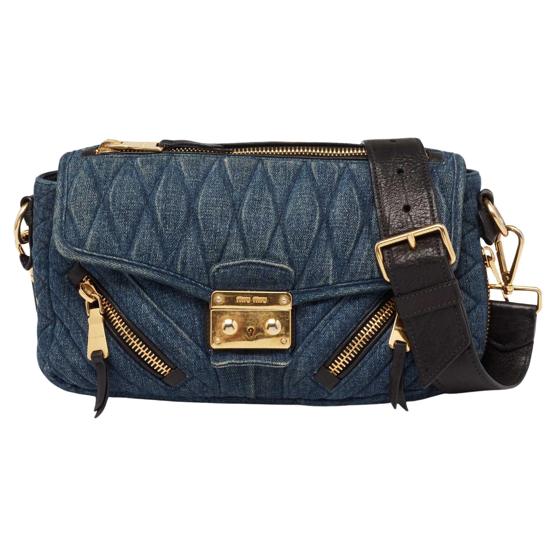 Miu Miu Blue Matelasse Denim Biker Shoulder Bag For Sale at 1stDibs