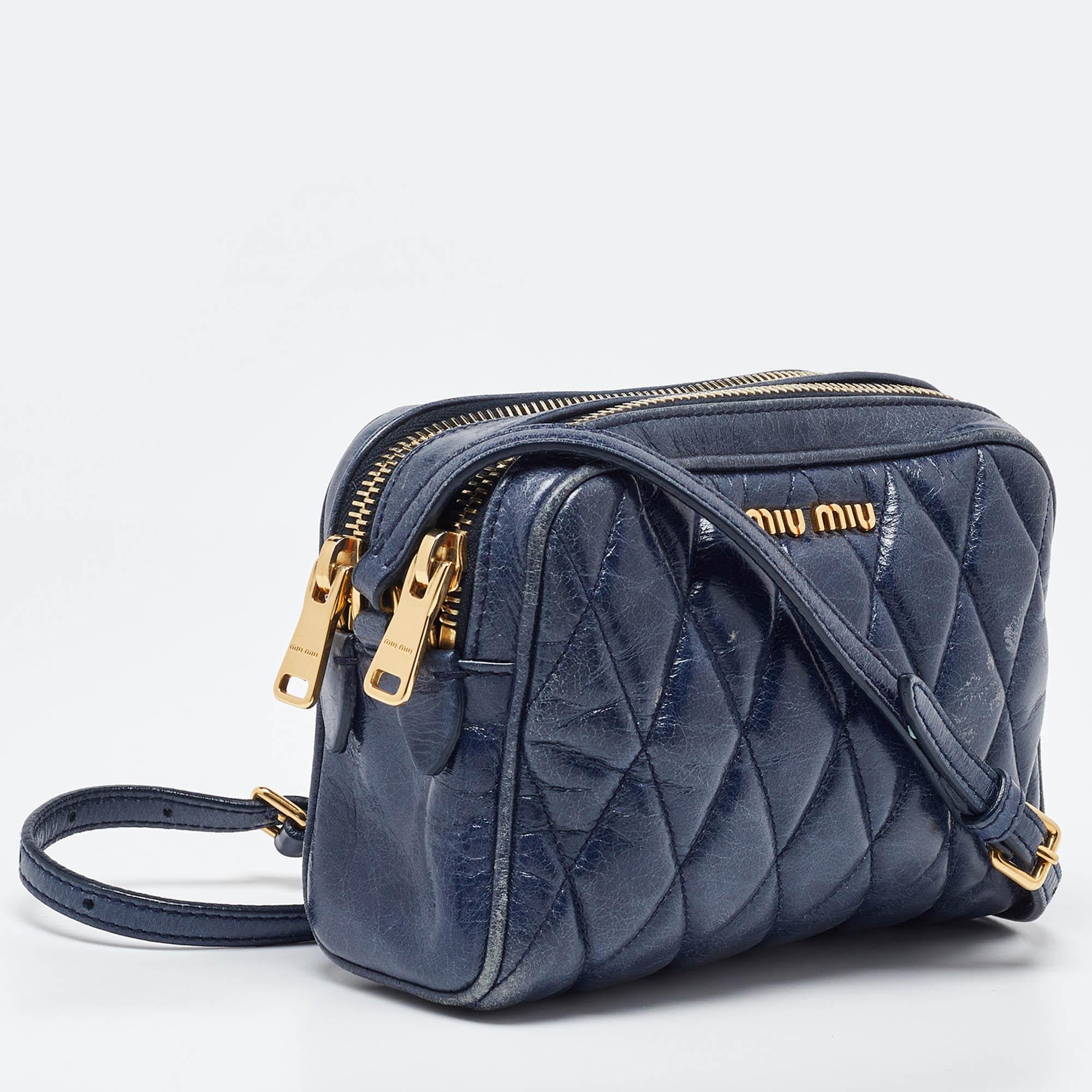 Black Miu Miu Blue matelassé Leather Camera Crossbody Bag