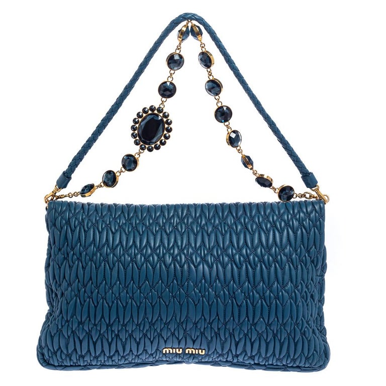 Miu Miu Blue Matelassé Leather Crystal Flap Shoulder Bag at 1stDibs