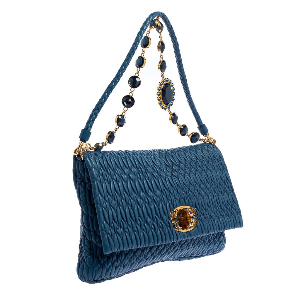 Women's Miu Miu Blue Matelassé Leather Crystal Flap Shoulder Bag