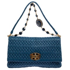 Miu Miu Blue Matelassé Leather Crystal Flap Shoulder Bag