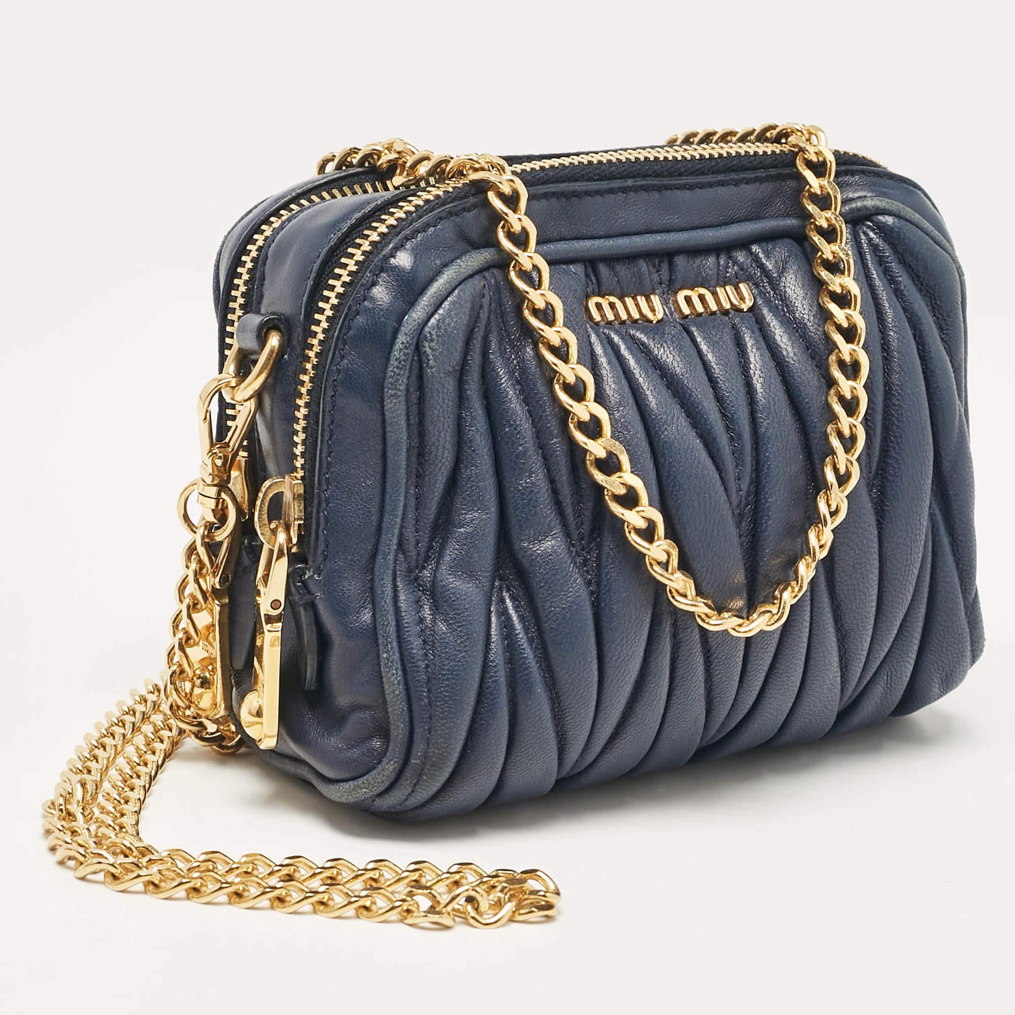 Black Miu Miu Blue matelassé Leather Double Zip Crossbody Bag
