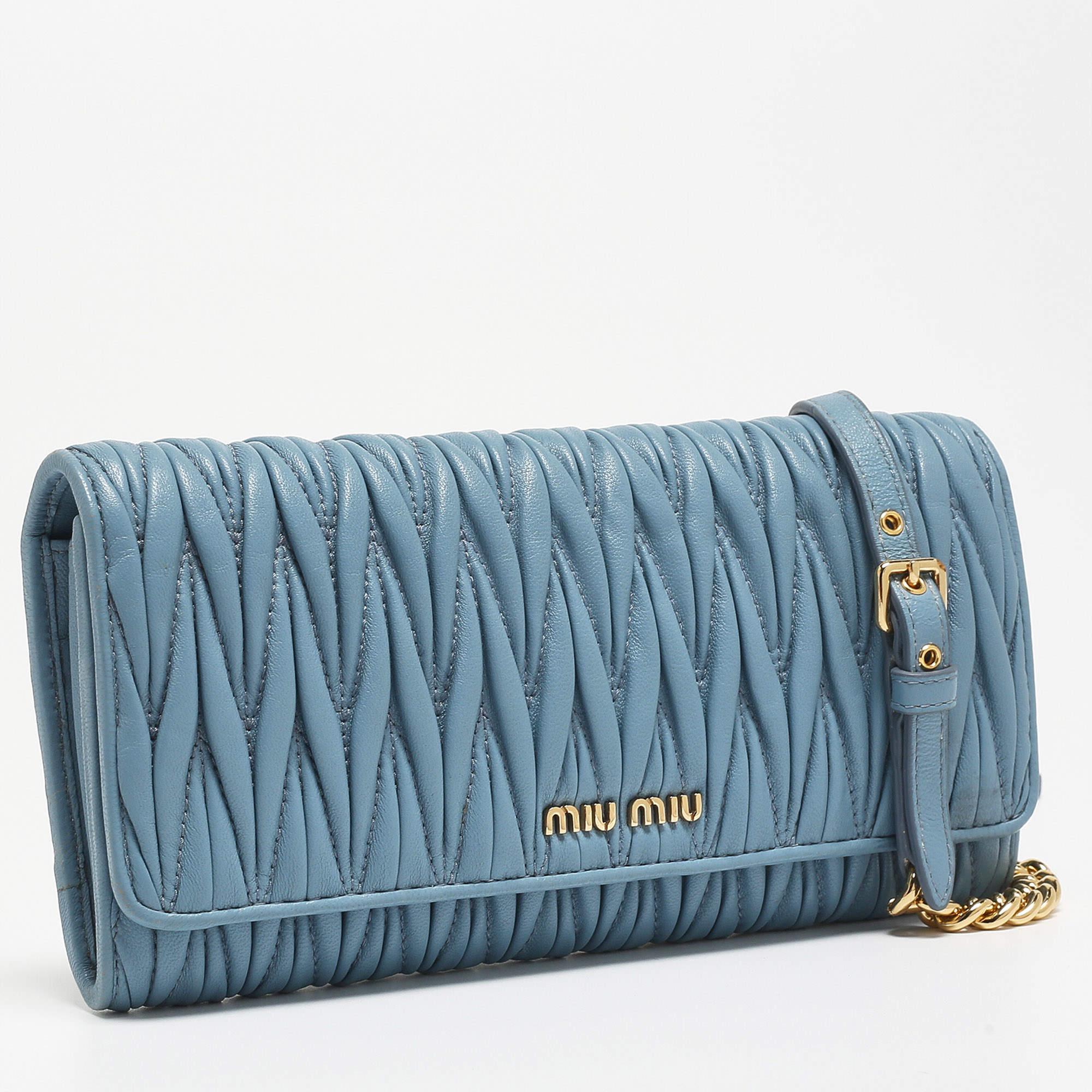Men's Miu Miu Blue Matelassé Leather Flap Wallet On Chain