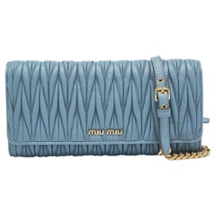 Miu Miu Blue Matelassé Leather Flap Wallet On Chain