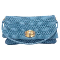 Miu Miu Blue Matelassé Leather Shoulder Bag with Crystal Turn-Lock Closure