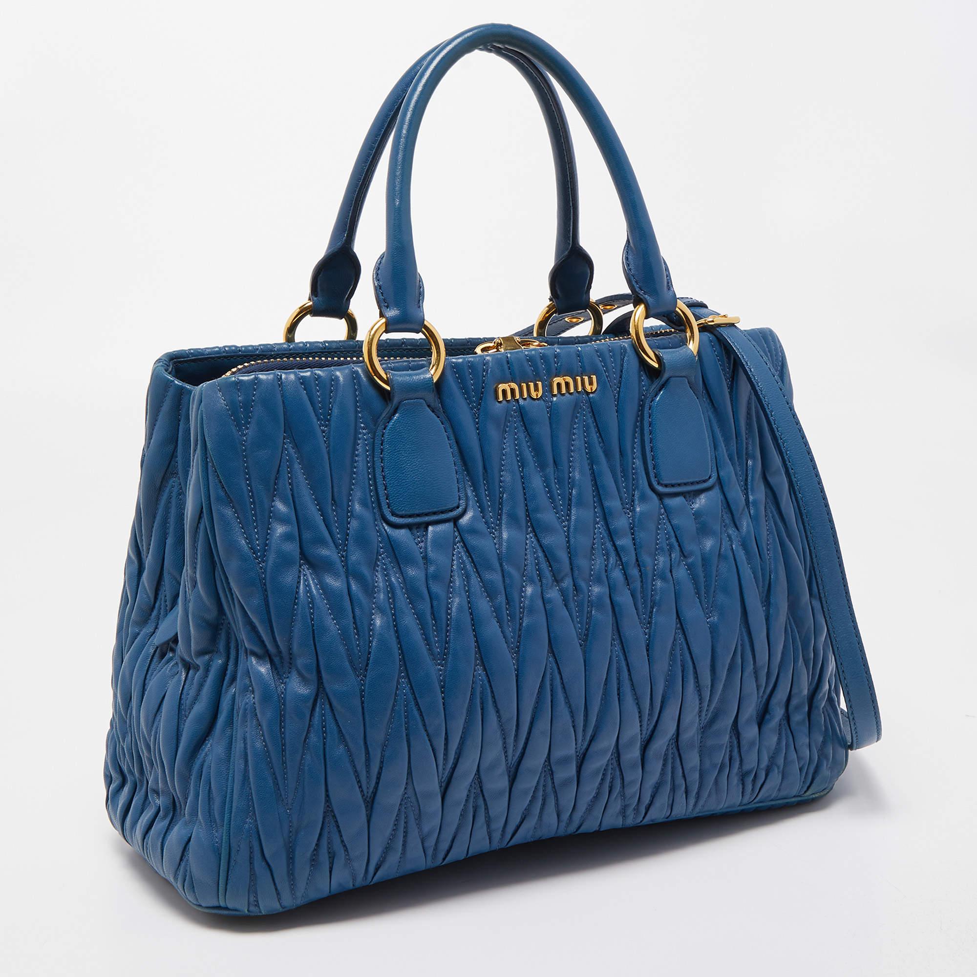 Women's Miu Miu Blue Matelasse Leather Top Zip Tote