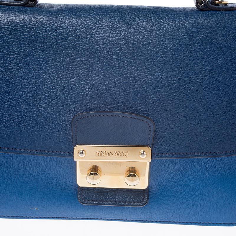 Miu Miu Blue/Navy Blue Leather Madras Shoulder Bag In Good Condition In Dubai, Al Qouz 2