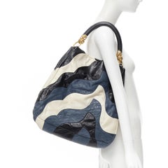 MIU MIU blu navy bianco onda patchwork pelle increspata manico di cristallo hobo bag