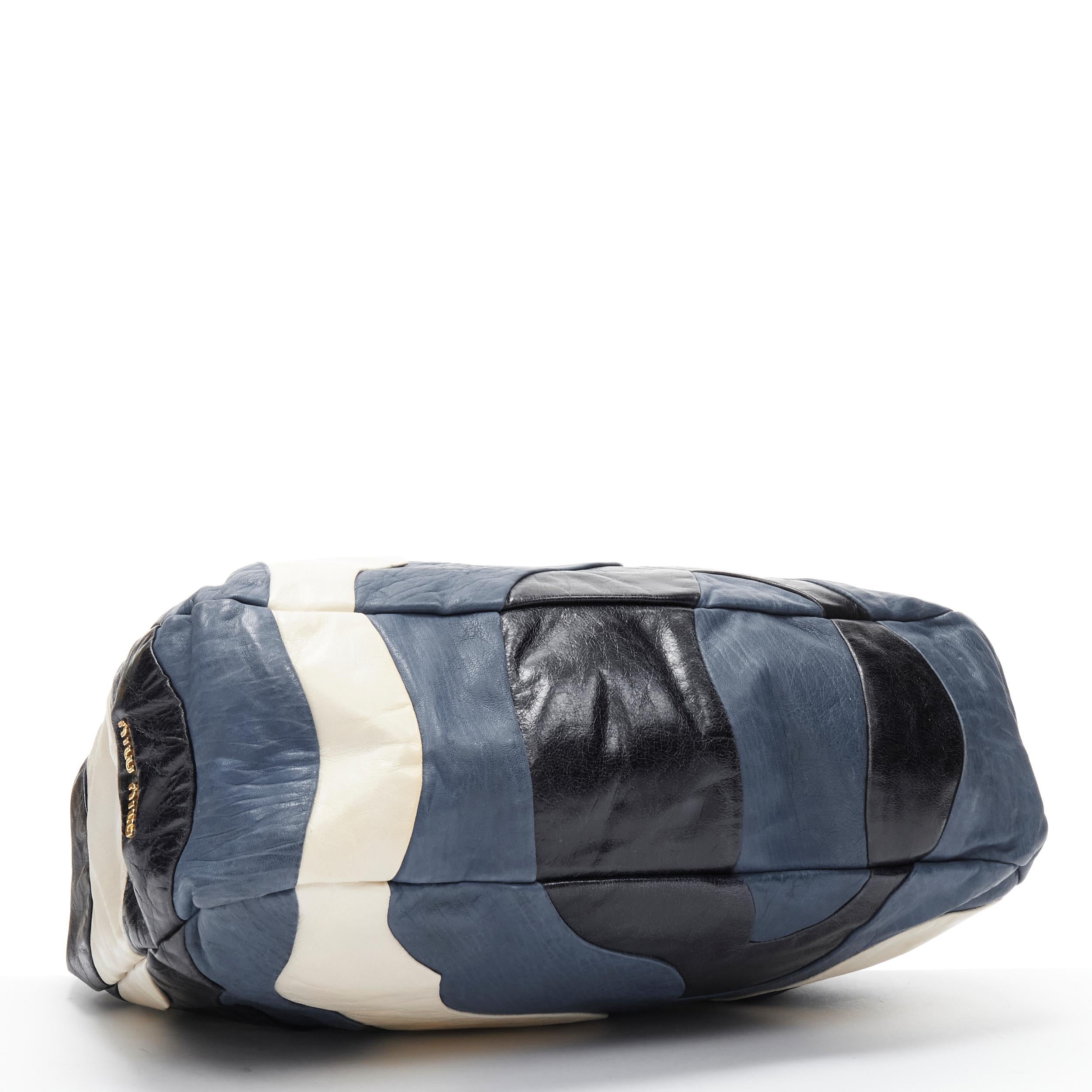 Black MIU MIU blue navy white wave patchwork crinkled leather crystal handle hobo bag