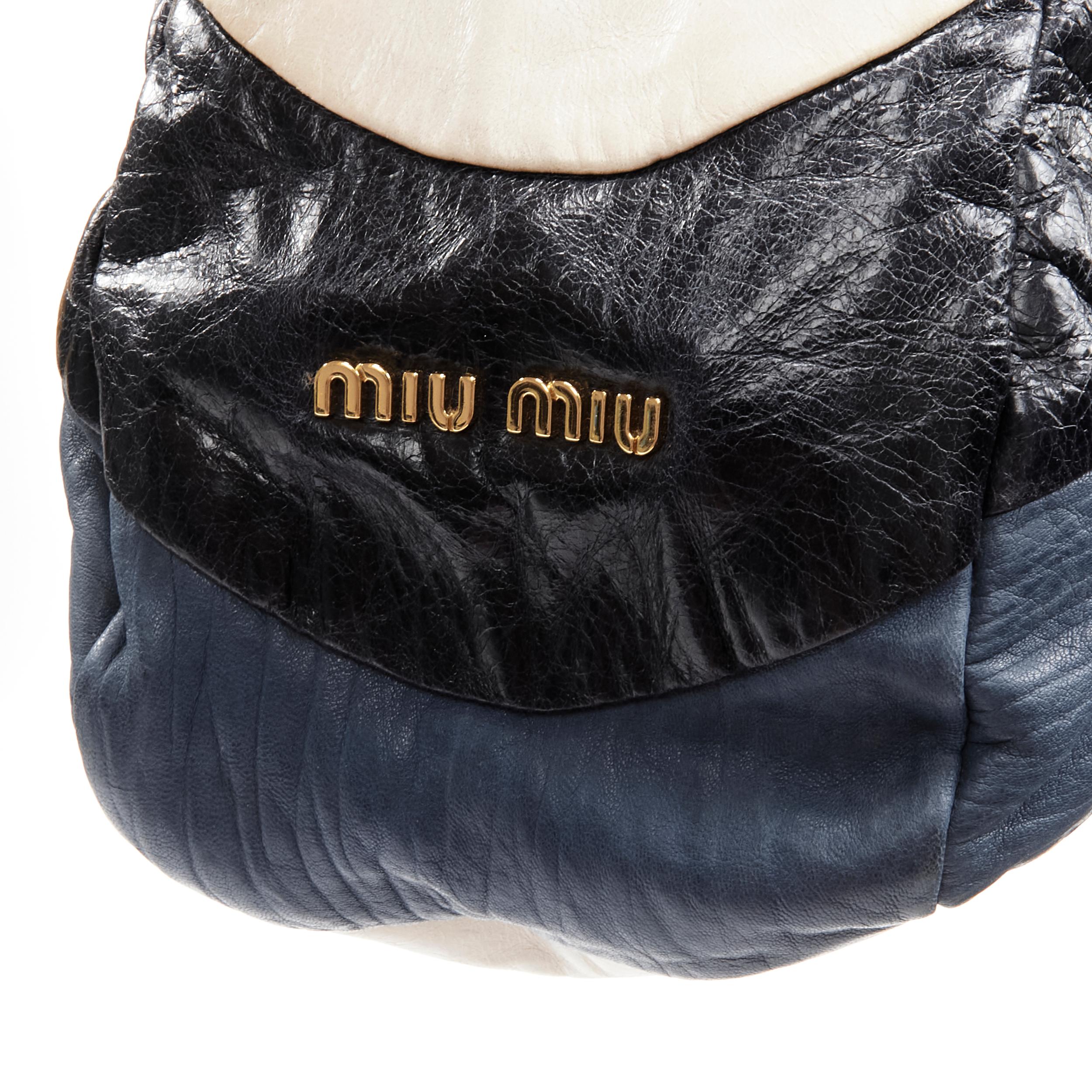 Women's MIU MIU blue navy white wave patchwork crinkled leather crystal handle hobo bag