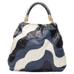 MIU MIU blu navy bianco onda patchwork pelle increspata manico di cristallo hobo bag
