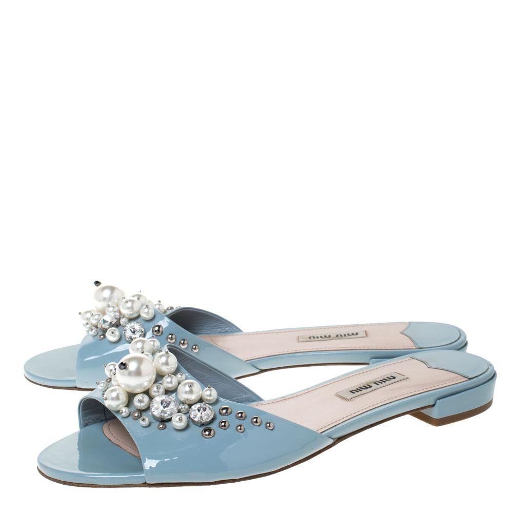 Miu Miu Blue Patent Leather Pearl Embellished Slides Sandals Size 