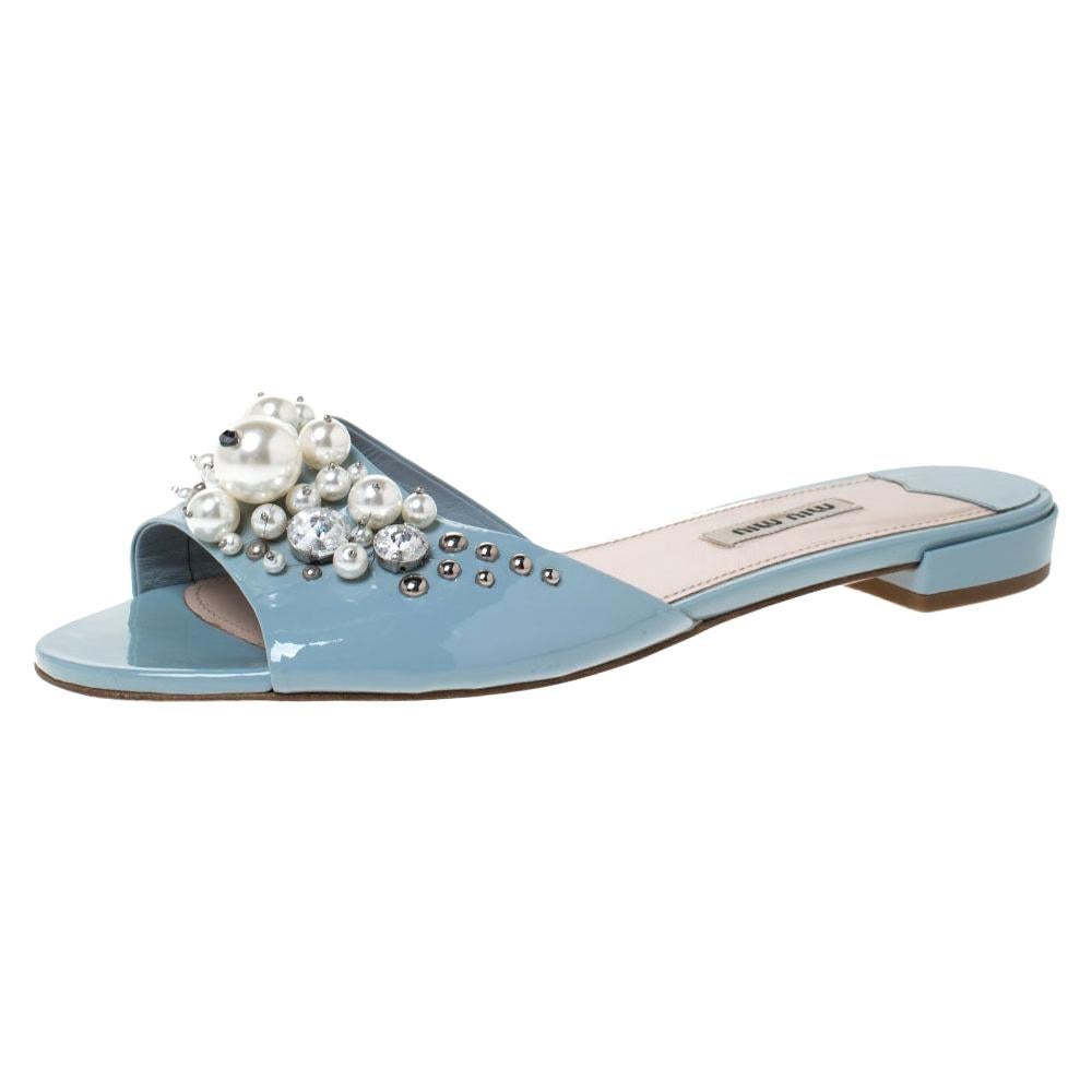 Miu Miu Blue Patent Leather Pearl Embellished Slides Sandals Size 