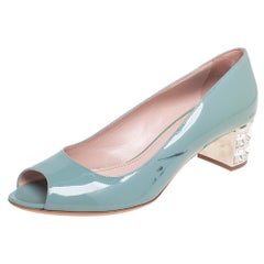 Miu Miu Blue Patent Leather Peep Toe Embellished Block Heel Pumps Size 37.5