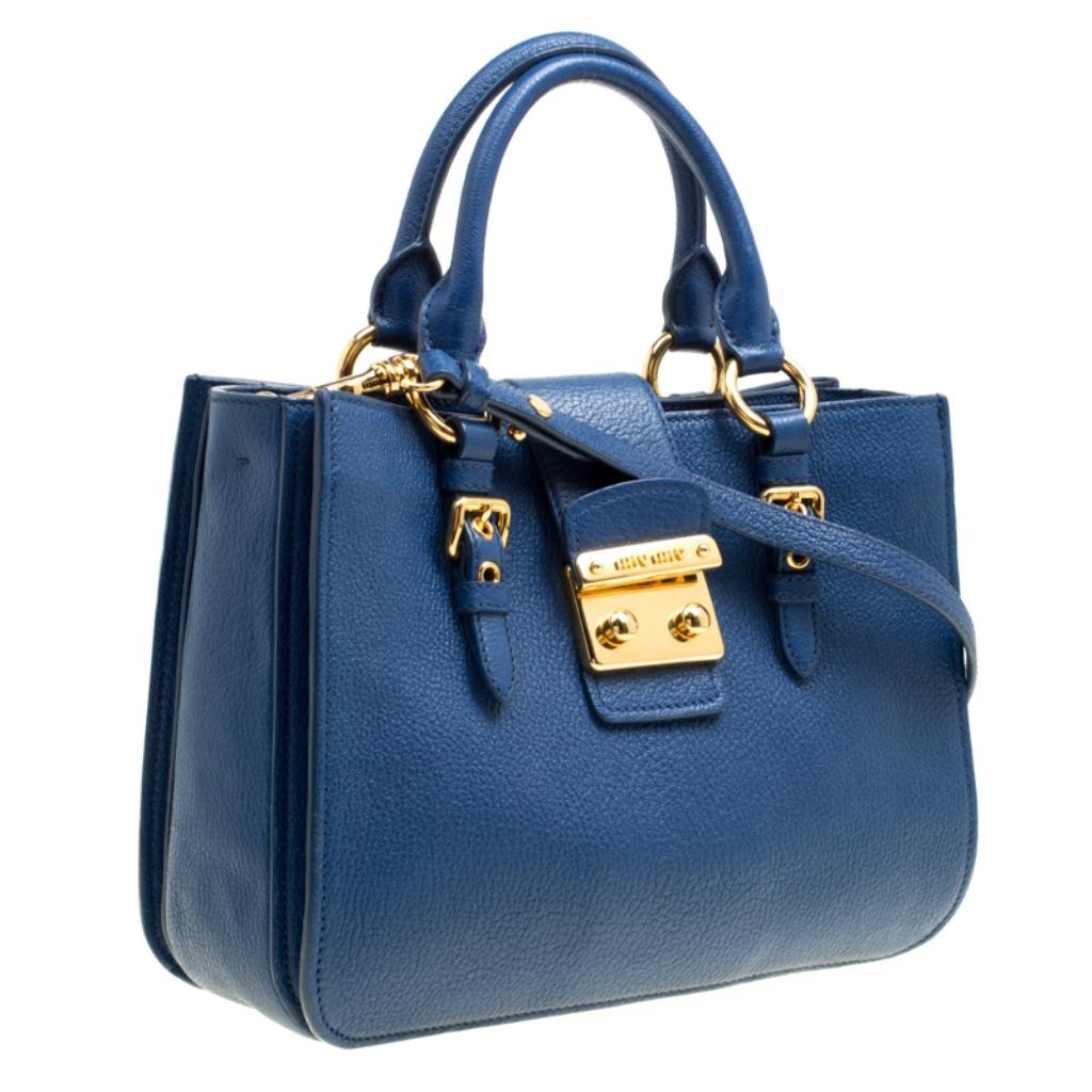 Women's Miu Miu Blue Pebbled Leather Madras Top Handle Bag