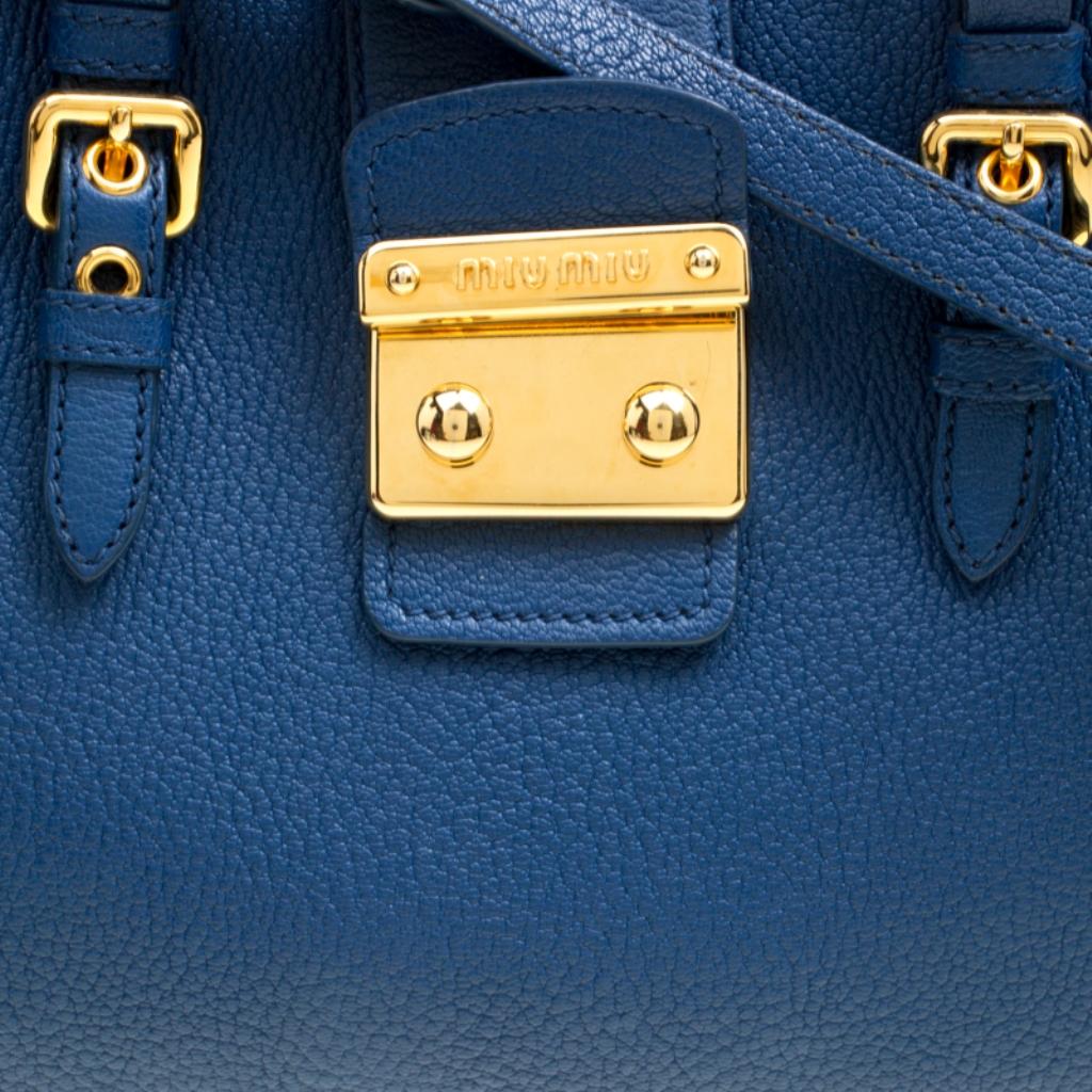 Miu Miu Blue Pebbled Leather Madras Top Handle Bag 2