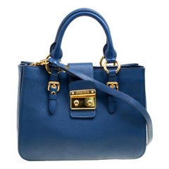 Miu Miu Blue Pebbled Leather Madras Top Handle Bag