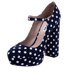 Miu Miu Blue Polka Dot Canvas Mary Jane Platform Ankle Strap Pumps Size 39