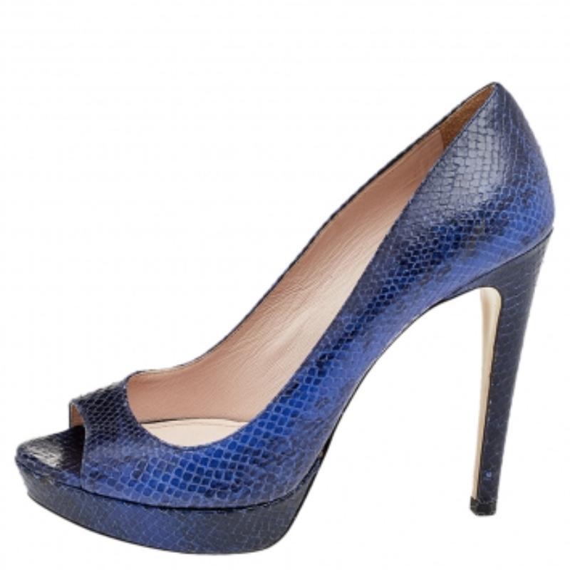 Miu Miu, pelle blu goffrata con pitone e piattaforma Peep Toe, misura 37,5 in vendita 1