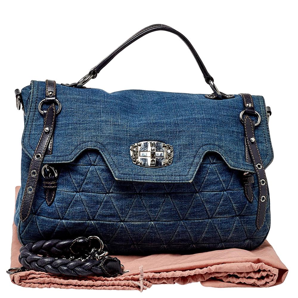 Miu Miu Blue Quilted Denim and Leather Paloma Top Handle Bag 1