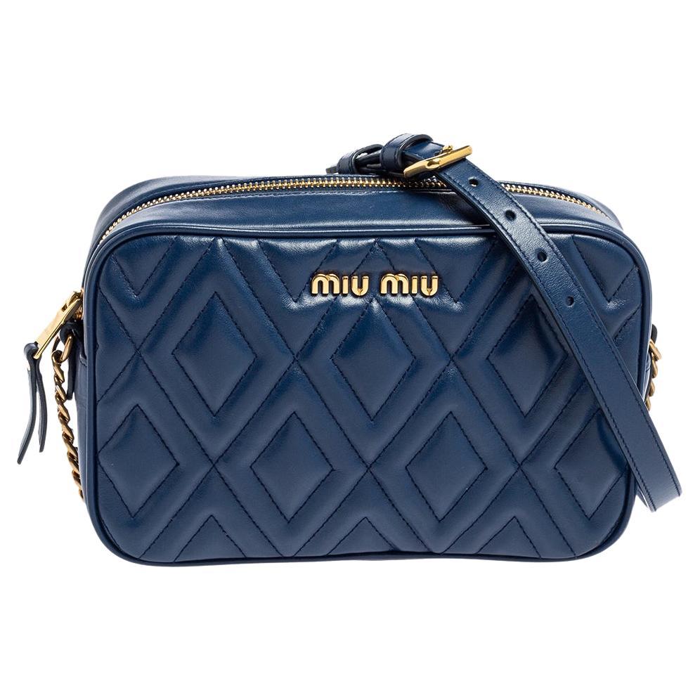 Miu Miu Blue Quilted Leather Bandoliera Crossbody Bag