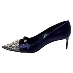 Miu Miu Blue Satin Crystal Embellished Buckle Detail Pointed Toe Pumps Size 38